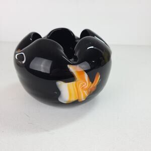 Handblown Studio Art Glass Black Amethyst Yellow Orange Amoeba Dish Bowl 5.5"